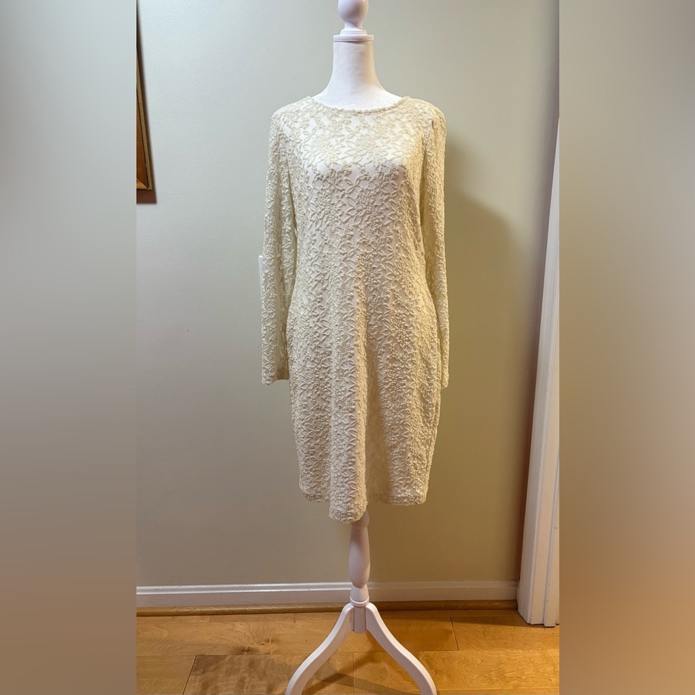 Belle by Badgley Mischka new ivory stretch lace long sleeved dress 14